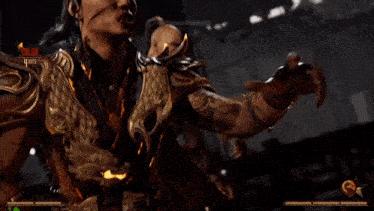 a man in a video game is holding a gun in his hand while fighting another man .