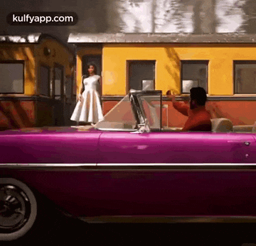a woman in a white dress is standing next to a pink car .