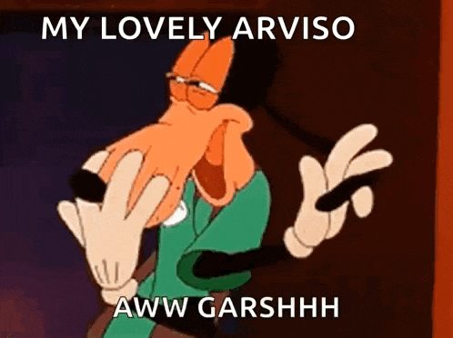 a cartoon character is making a funny face and saying `` my lovely arviso aww garshh '' .