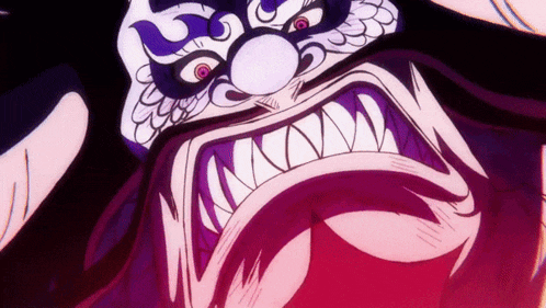 a close up of a cartoon character 's mouth with sharp teeth and a purple background .