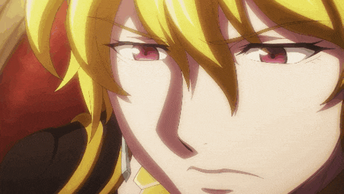 a close up of a girl with yellow hair and red eyes