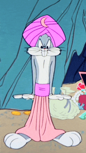 a cartoon bunny wearing a pink turban and a pink skirt