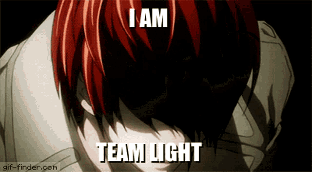 a gif of a person with red hair saying i am team light