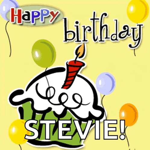 a birthday card for stevie with balloons and a cupcake with a candle