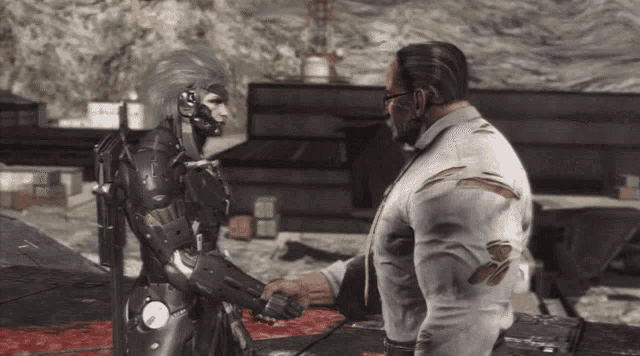 a man and a robot shake hands in a video game scene