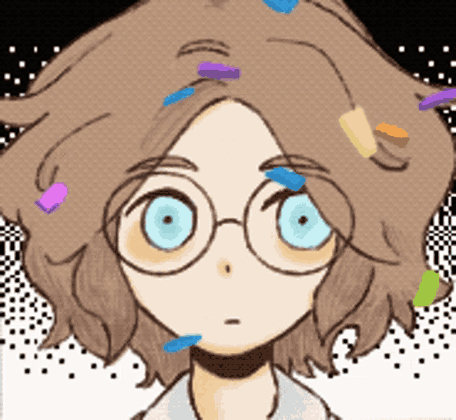 a drawing of a girl with glasses and a bunch of colorful objects in her hair