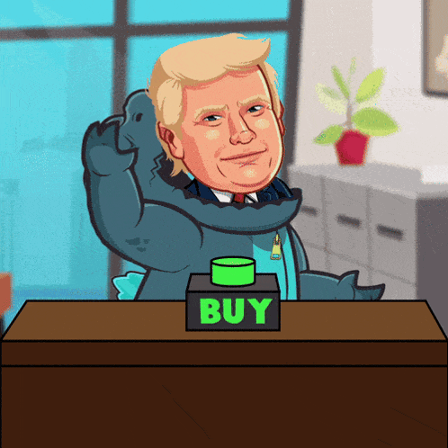 a cartoon of donald trump sitting at a table next to a buy box