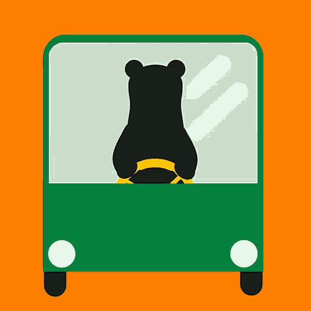 a bear is driving a green bus with a yellow seat belt
