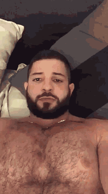 a shirtless man with a beard is laying on a bed looking at the camera .
