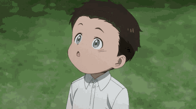 a little boy with blue eyes is looking up at something