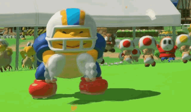 a cartoon character in a football helmet is standing on a field .