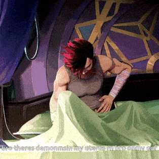 a cartoon of a man laying on a bed with the caption bro theres demonmsin my uterus