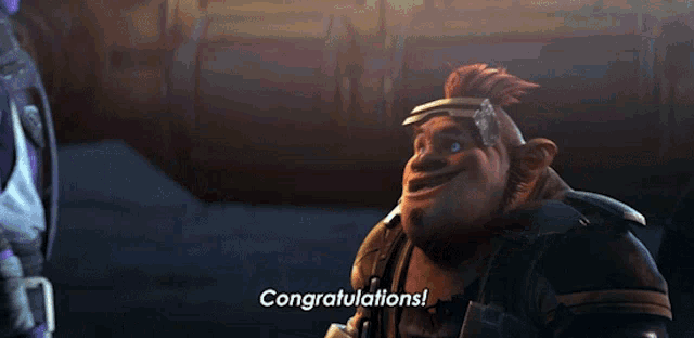 a cartoon character says congratulations while holding a hammer