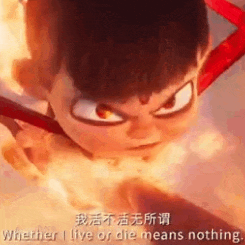 a close up of a cartoon character with fire coming out of his eyes .