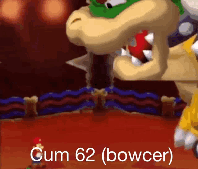 a cartoon character with the words cum 62 bowcer on the bottom