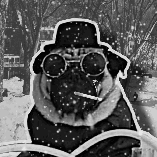 a pug wearing a top hat and goggles smoking a cigarette in the snow