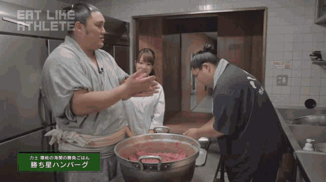 a sumo wrestler talks to a woman in a kitchen with the words eat like athlete