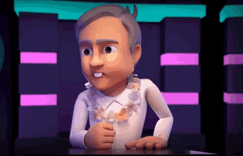 a cartoon character with a lei around his neck is sitting at a table