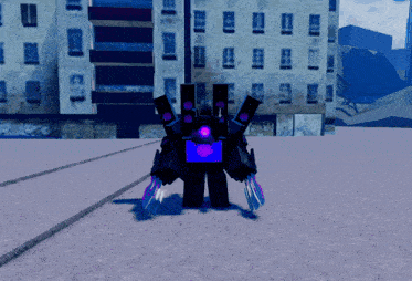 a purple robot is standing in front of a building with a purple light on it