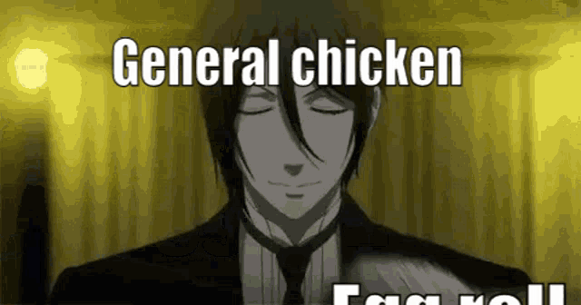 a man in a suit and tie is standing in front of a yellow background with the words `` general chicken '' on it .