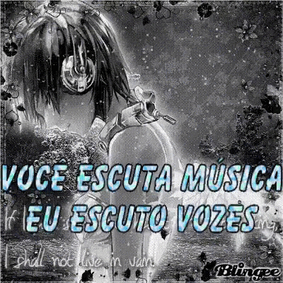 a black and white photo of a girl wearing headphones with the words voce escuta musica eu escuto vozes