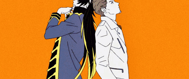 a cartoon of two men standing back to back