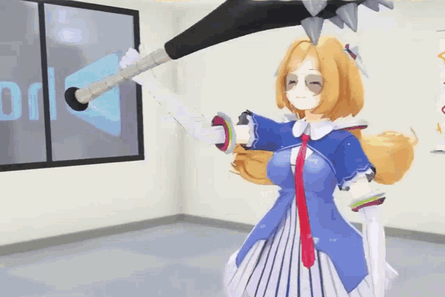 a girl in a blue dress is holding a sword