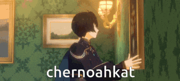 a person is standing in a room with a picture on the wall and the word chernoahkat is above them .