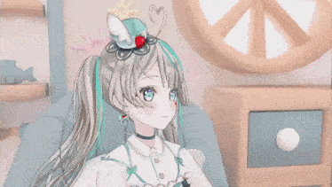 a girl with a strawberry on her head is holding a spoon
