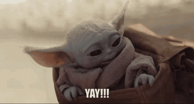 a baby yoda is sitting in a brown bag with the words yay !!! above it