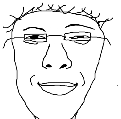 a black and white drawing of a person 's face with glasses