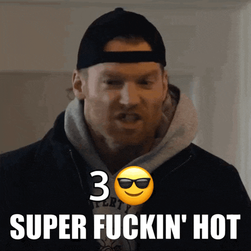 a man wearing sunglasses and a hat with the words super fuckin ' hot above him