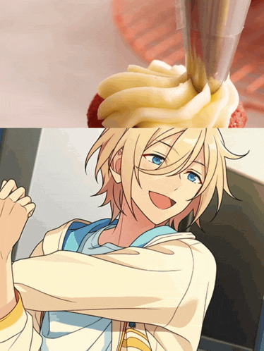 a picture of a boy next to a picture of a cupcake with frosting on it