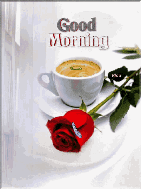 a picture of a cup of coffee and a rose with the words good morning visible
