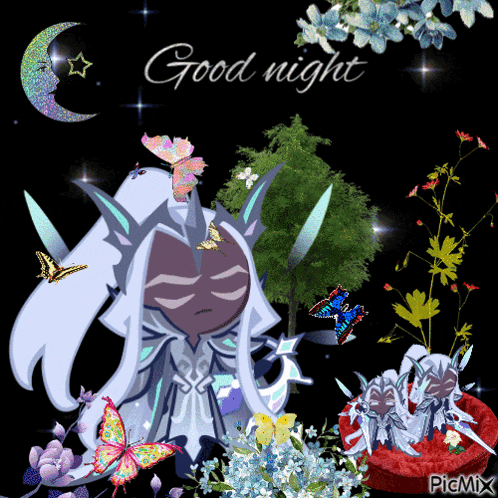 a picture of a girl with butterflies and the words good night on the bottom