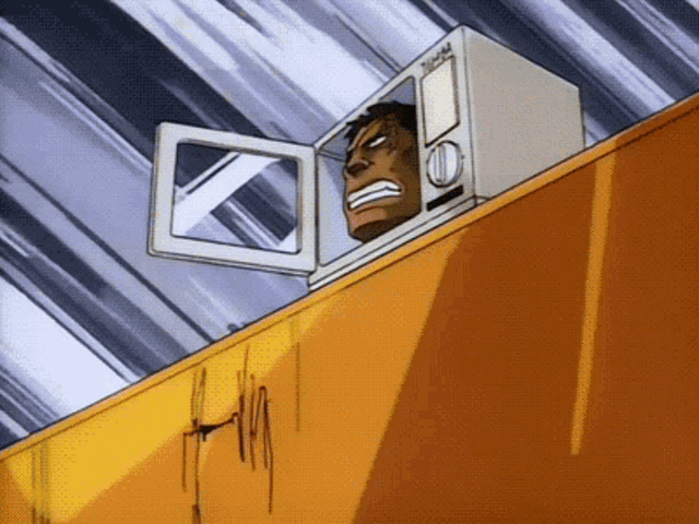 a cartoon drawing of a man 's head sticking out of a microwave