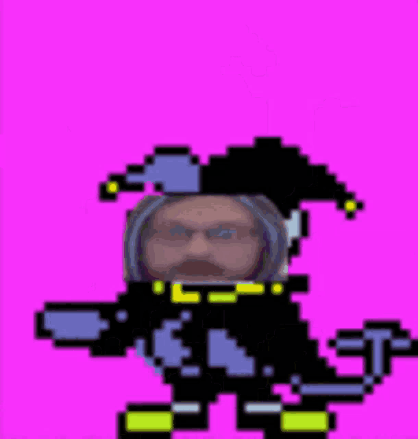 a pixel art of a man with glasses and a jester hat on a pink background .