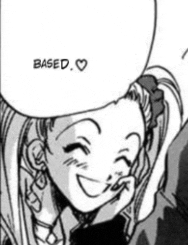 a black and white drawing of a girl laughing with a speech bubble that says `` based . ''