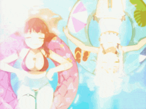 a girl in a bikini is laying on a colorful float