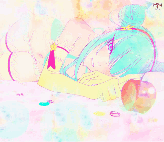 a drawing of a girl laying down with an apple and a star in her hair