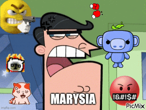 a cartoon character with the name marysia on his arm