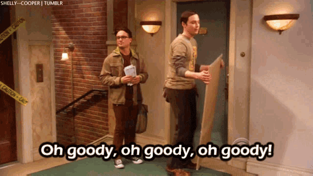 two men are standing in front of a door that says oh goody