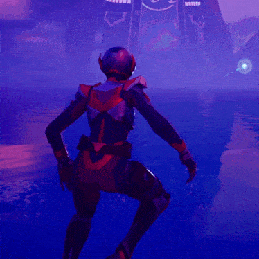a video game character is standing in the water with a purple background