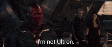 a man with red eyes says i 'm not ultron in a movie scene