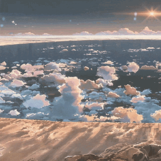 a painting of a body of water with clouds in the background