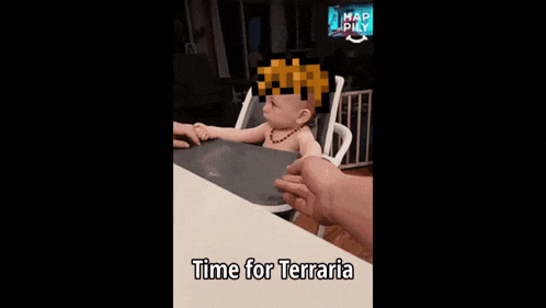 a baby is sitting in a high chair with the words time for terraria written on the bottom