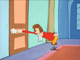 a cartoon of a man in a red shirt reaching out to open a door