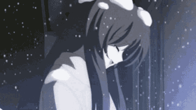a black and white drawing of a girl with long hair standing in the snow .