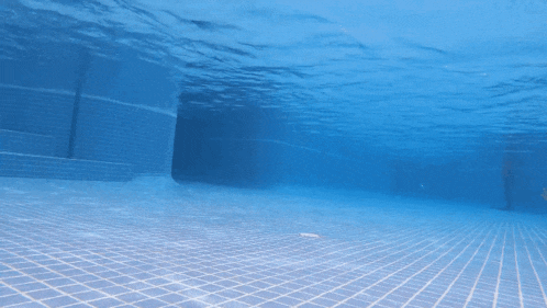 a person is swimming underwater in a pool with blue tiles