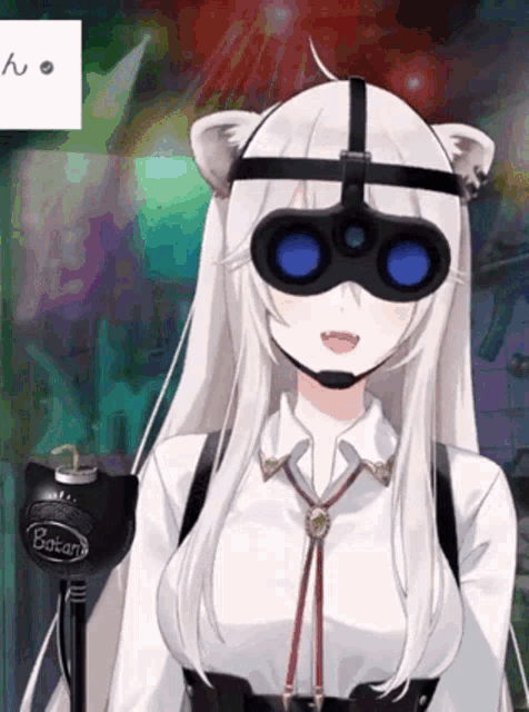 a white haired anime girl is wearing a pair of binoculars .